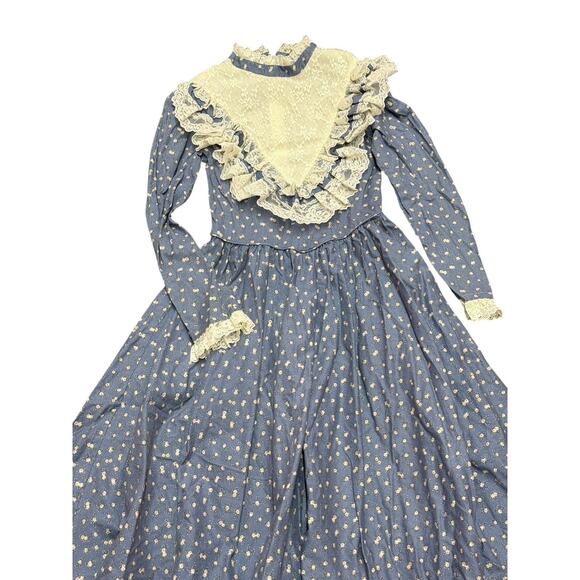 Vintage Sabrina Prairie Dress Blue Floral Lace Trim Cottagecore USA Made Sz 10 - Picture 8 of 12